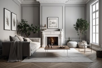 Classic gray Scandinavian decor with a couch, stove, and fireplace. mock up for an illustration. Generative AI