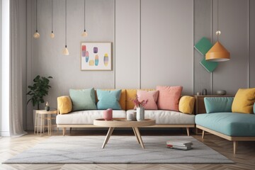 Obraz premium contemporary living room furnished with a sofa. enjoying some downtime. Generative AI