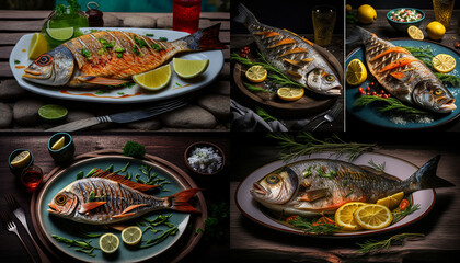 Fototapeta na wymiar delicious fish grill very realistic with shots taken by professional photographers served at the restaurant dining table amazing quality. Delicious roasted lunch with fish grill with hot plate