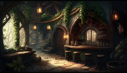 Fototapeta premium Generative AI, Fantasy Taverne, Mittelalterliche Taverne.