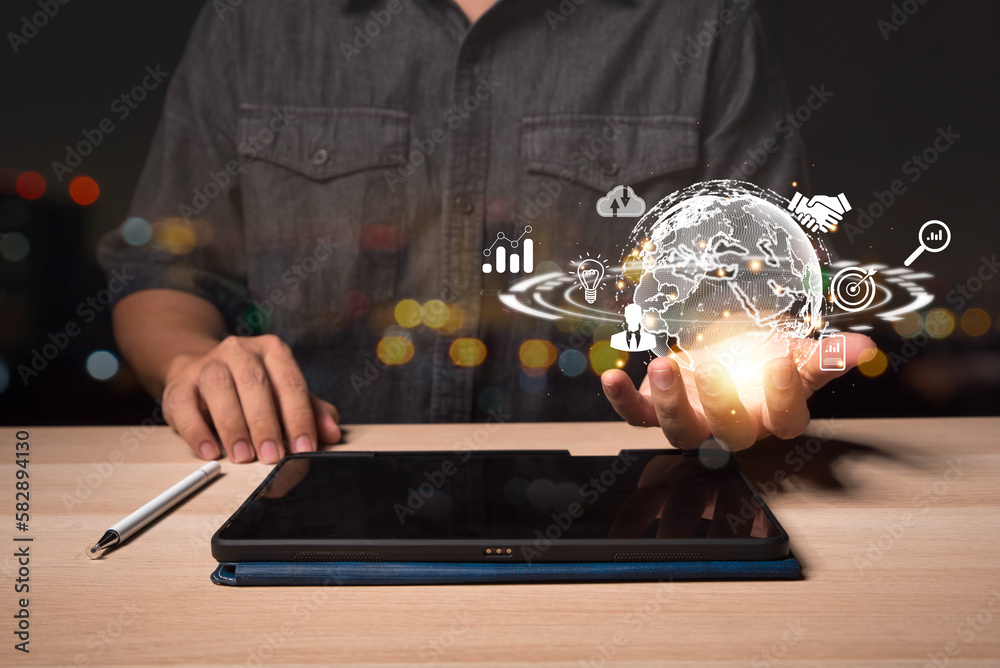 Aufkleber hand holding virtual global internet connection metaverse. business global internet connection appli