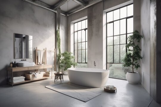 Gray and white bathroom decor in a loft, with a concrete floor and a white bathtub close to the window. a mockup. Generative AI