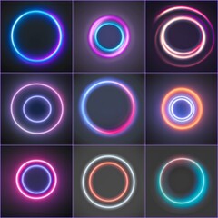 Neon light circles on dark background abstract graphic. AI