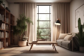 a room with a brown curtain, a wooden table, pampas grass, and a grey sofa. Generative AI
