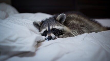 Raccoon in Bed, White Bedding. Generative AI.