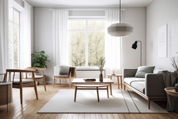 Modern Scandinavian living room furnishings include a sofa, coffee table, and plants. Stylish carpet and brown oak parquet flooring. beautiful, basic apartment. Generative AI