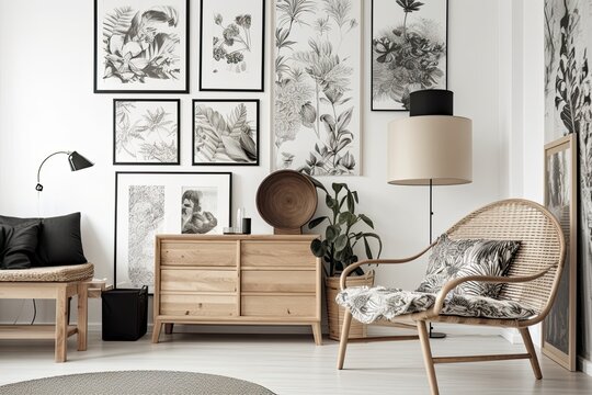 An open concept Scandinavian and modern home features a wooden commode, a gray sofa, stylish black rattan accents, tropical leaves, and chic personal items. Contemporary wall decor. Template