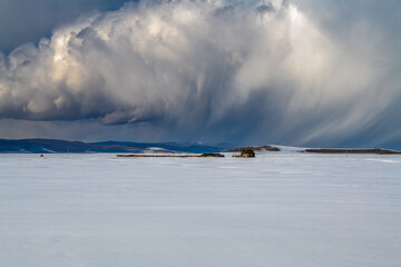 Landscape with snow. Khuvsgul, Mongolia.