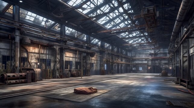 Abandoned military factory base background. Generative AI technology.