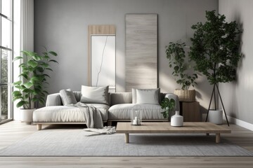 Interior design, wall mockup of a living room with a gray sofa and a decorative plant. Generative AI