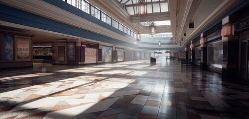 Empty shopping mall background with lockers. Generative AI technology.