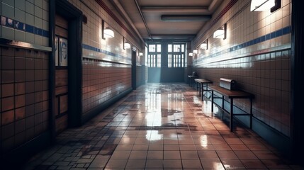 Abandoned school corridor background with lockers. Generative AI technology.	
