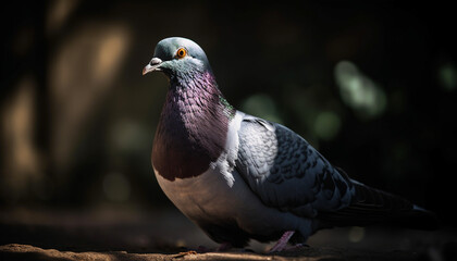 pigeon sitting in the rain, pink and green colored neck