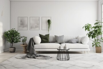 Interior design mockup of a living area with a white wall, a gray velvet sofa, green pillows, a coffee table, and plants. Generative AI