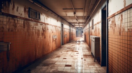 Abandoned hospital hallway background. Generative AI technology.	
