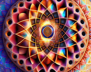 Round complex mandela star and colorful 3d effect geometric line pattern. Generative AI illustration.