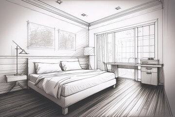 sketch of a bedroom interior done by hand with an empty poster. Concept for engineering, architecture, and advertising. a mockup. Generative AI