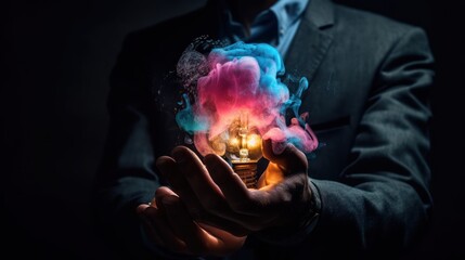 Businessman hand hold Colorful Buld, conceptual image for creativity in business, GENERATIVE AI