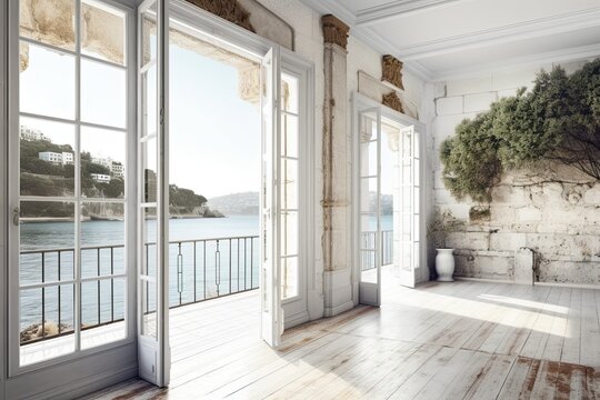 Elegant unoccupied room with close up panoramic windows, traditional shutters, and a traditional balcony. Granite rocks in a seaside setting. Copy space on a white background, interior design idea