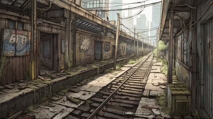 Obraz premium Abandoned city railway background. Anime cartoon style drawing. Generative AI technology.