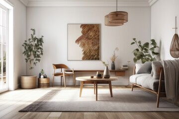 Mockup of a contemporary living room interior with copied space, including a sofa, vintage lamp, carpet, wooden floor, and vintage wood chairs and table. Generative AI