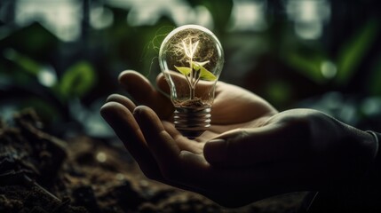 Human hand holding a light bulb with a young plant inside, symbolizing green energy, sustainability and reusability. This displays an ecological attitude toward combating climate change, GENERATIVE AI