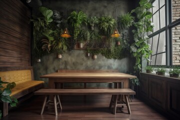 A wall of an interior with an ecology style features an empty wood table with artificial plants as adornment. On the wall of the coffee shop is an ornamental fake tree made of plastic plants. Choose f