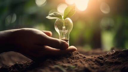 uman hand holding a light bulb with a plant sprout inside. Concept of green energy saving, renewable and recycling. Ecology behavior for global warming, GENERATIVE AI