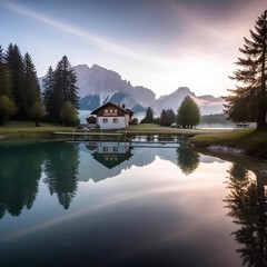 Fototapeta premium Lakeside Elegance: A Mountain Lake Masterpiece