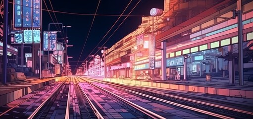 Fototapeta na wymiar Night neon scene japanese city background. Generative AI technology.