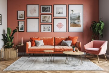 A living room with a creative interior arrangement includes a created couch, two imitation poster frames, a coffee table, paintings, books, and personal accessories. Template. Generative AI