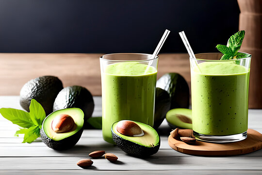 AI generated image of avocado smoothies. Avocado is a delicious fruit that can be enjoyed in many different ways