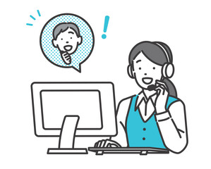 顧客の質問や不安を解決するコールセンターで働く女性オペレーターのベクターイラスト素材／サービス／説明／ビジネス