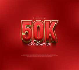 Thank you 50k followers greetings, bold and strong red design for social media posts. Premium vector background for achievement celebration design.