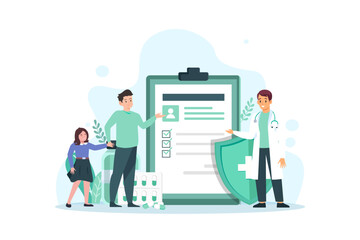 Health care and life insurance concept. Doctor and family people medical exam with big clipboard document. Vector illustration