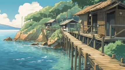Obraz premium Tropical island beach coast .Anime cartoon style drawing. Generative AI technology. 