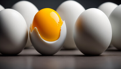 Row of White Eggs and Single Broken Egg With a Yolk, Generative AI