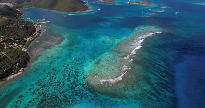 Aerial View of British Virgin Islands, Coral Reefs and Picturesque Coastline on Caribbean Sea