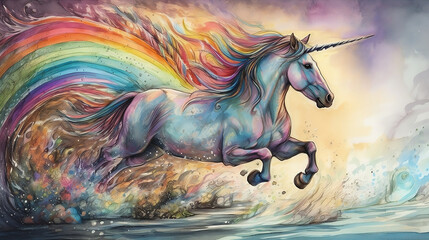 Obraz na płótnie Canvas Unicorn with rainbow hair, Created with generative AI