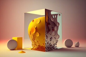 Colorful abstract composition of 3D geometric figures, cubes, spheres, polyhedrons, modern still life, ai generated
