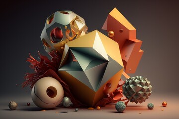 Colorful abstract composition of 3D geometric figures, cubes, spheres, polyhedrons, modern still life, ai generated