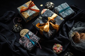 Various present boxes that have been wrapped, embellished with ribbons, and put on a black background with cookies and a scarf. Generative AI