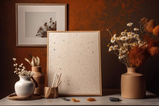 A square photograph of a terrazzo desk with a mock up timber frame and dried wild flowers in an original rust colored vase. Generative AI