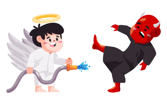 Angel versus daemon evil good vs bad cartoon character fight with water hose