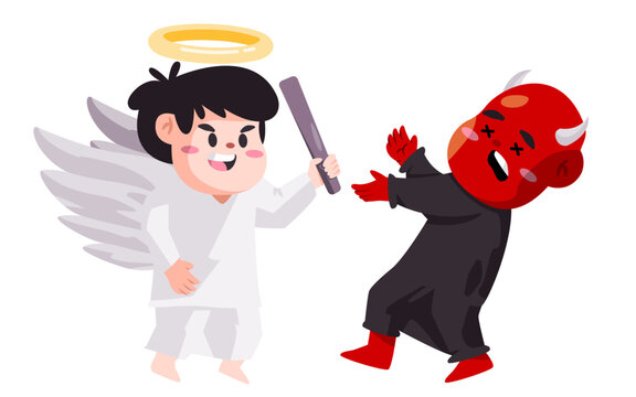 Angel versus daemon evil good vs bad cartoon character fight with stick