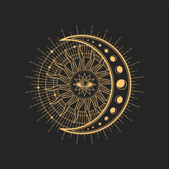 Magic tarot occult esoteric sign with egyptian all-seeing eye in star with crescent moon and radiant sun rays inside of circle. Vector spiritual magic emblem, isolated alchemy, wicca or pagan symbol