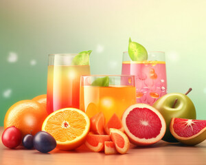  Ai mix food illustration with fresh fruits presentation, hydration healthy drinks glass. Concept of balanced diet, ingredients breakfast, health benefits nutrients vitamins. Orange juices, copy space