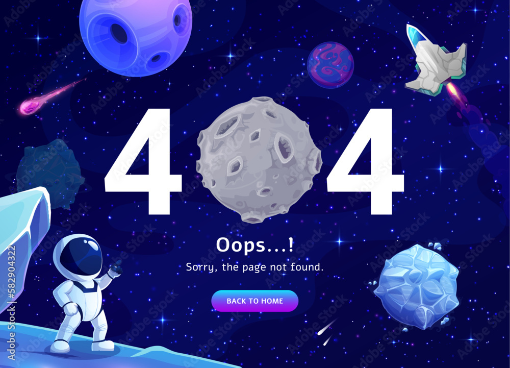 Poster Space page 404, error for web resource not found with shuttle in outer Universe, astronaut and moon. Operation system maintenance, update or connection problem warning with cartoon cosmos and spaceman