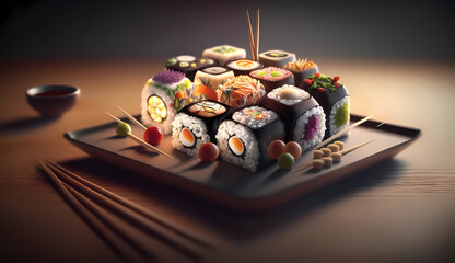 Delicious Japanese Cuisine Sushi with Chopsticks