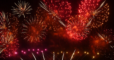 Red Firework celebrate anniversary happy new year 2023, 4th of july holiday festival. red firework in night time celebrate national holiday. Countdown to new year 2023 festival party time event